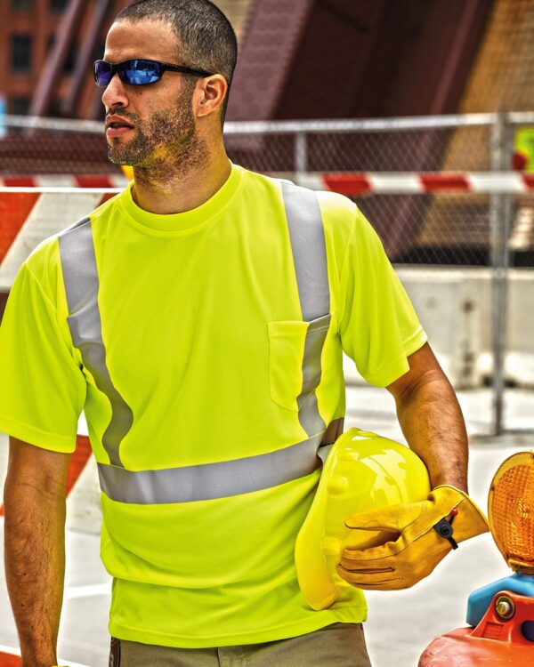Construction worker wearing lime ML Kishigo High Performance Micro-Fiber T-Shirt 9110-9111