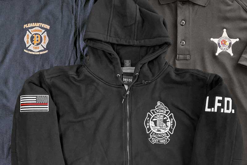 Custom printed fire department T-shirts, embroidered Fire department jackets and police department embroidered polos